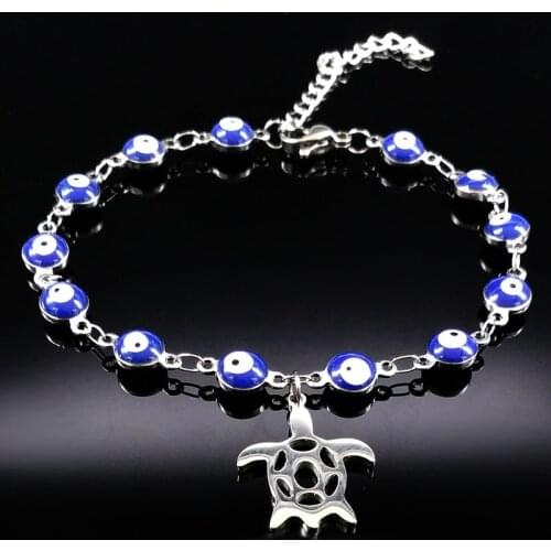 Fashion Silver Color Stainless Steel Womens Bracelets Blue Evil Eye Turtle Bracelet Jewelry Gift pulseiras femininas B9109S02