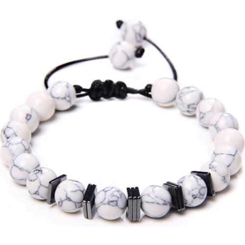 Natural White Howlite Stone Turquoises Beads Braid Rope Bracelet Handmade Adjustable Hematite Beaded Energy Bracelet Women Men