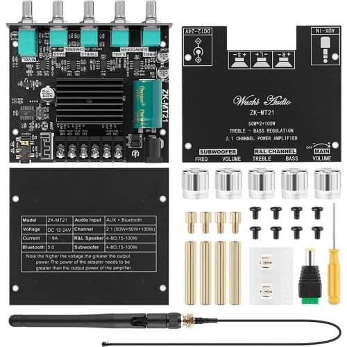 New ZK-MT21 Bluetooth Amplifier Board 2.1 2X50W+100W Audio Power Amplifier Module Bass and Treble Control with Antenna