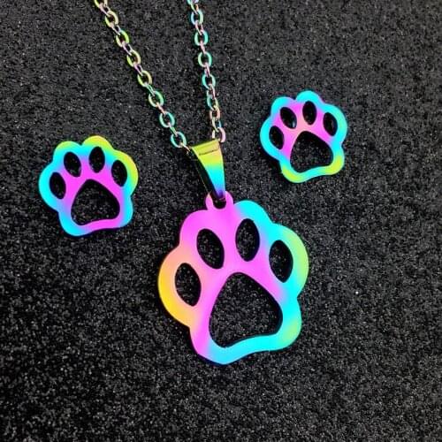 New Colorful Cute Bear Paw Prints Pendant Necklace Choker Stud Earrings Stainless Steel Colorful Chains Wholesale