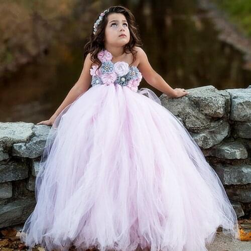 Pink Girls Wedding Flower tutu Dress Floral Tulle Kids Dresses Elegant Children Party Dresses For Dance Birthday Ball Gown