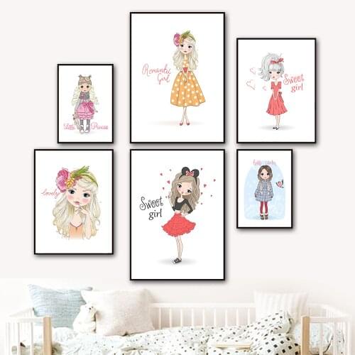 Nordic Sweet Long Hair Girl Flower Posters And Prints Bear Doll Canvas Painting Nursery Wall Art Pictures Baby Kids Room Decor