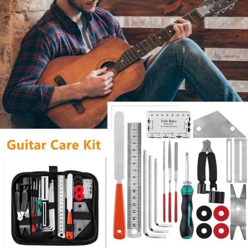 Professional Guitar Repair Tool Kit Guitar Care Maintenance Tools Full Set Cleaning Accessories String Action Ruler Gauge