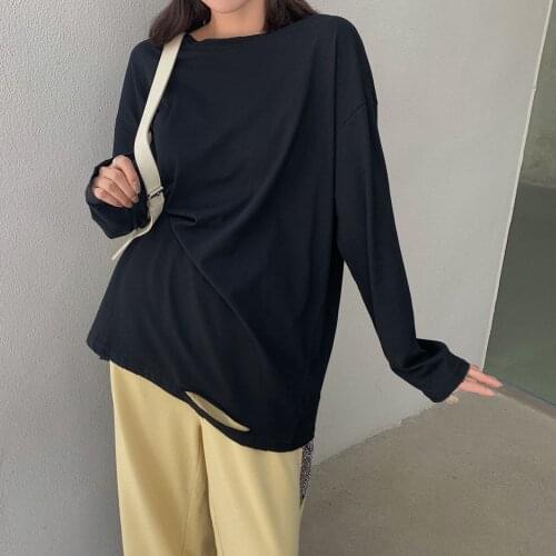 Qian Chunqiu thin hole T-shirt female solid color pullover long sleeve T long BF wind bottoming shirt inside and outside
