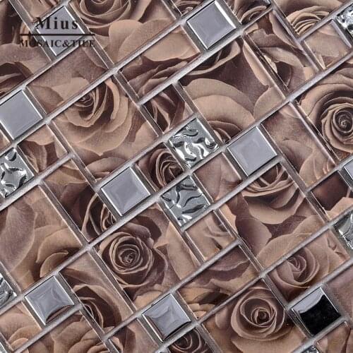 Rose pattern glass mosaic mix metal tile for KTV wall decoration