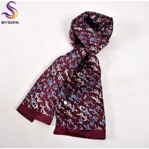 [BYSIFA] Chinese Style Letters Men Long Scarves Autumn Winter Fashion New Dark Red Pure Silk Male Silk Scarf Cravat 160*26cm