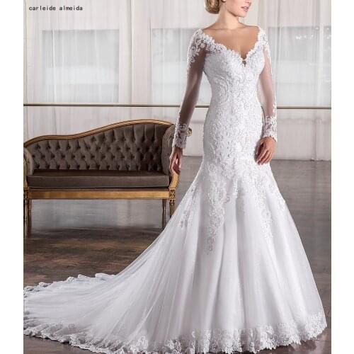 V-Neck Long Sleeves Mermaid Wedding Dresses with Pearls & Lace Appliques Bridal Dress