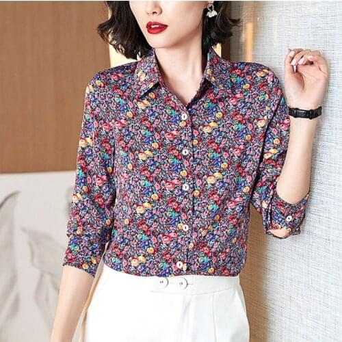 High-quality satin silk shirt women blouse tops fashion long-sleeved floral chiffon shirts ladies elegant all-match basic blouse