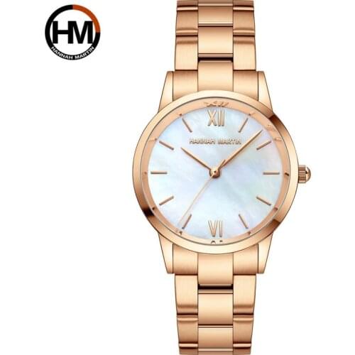 Hannah Martin Japan Ladies Watch Quartz Pearl Oyster Jade White Shell Waterproof Ladies Luxury All Stainless Steel Classic Watch