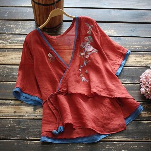 2021 New Summer Women T shirt V neck Short Sleeve Embroidered Thin Mori Girl Fashion Women Tops YoYiKamomo