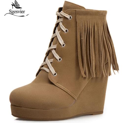 Sgesvier Womens Autumn Winter Fashion 2019 Fringe Lace Up Gothic Platform Wedges Creeper Ankle Boots for Women Footwear Bootie
