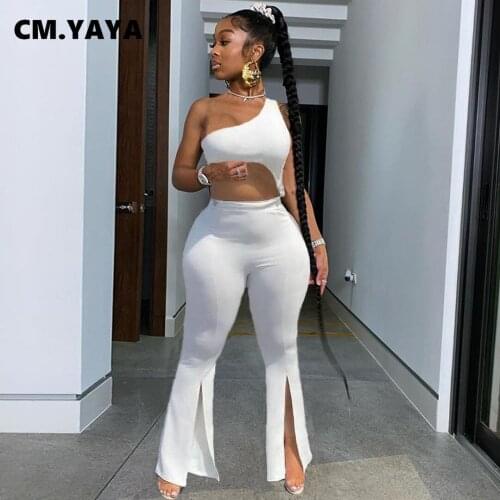 CM.YAYA Women Set Solid Sleeveless One Shoulder Crop Tanks Flare Split Pants Two Piece Set Sexy Fashion Streetwear Summer Outfit