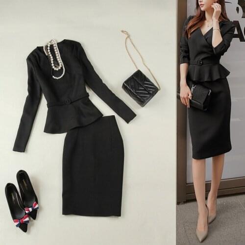 2020 Womens suit fashion Black Dress Long Sleeve Slim Jacket Solid color office ladies suits Jacket + Skirt Two-piece suit