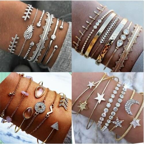 1 Set Of Bohemian Beaded Bracelet Womens Bohemian Leaves Fishtail Shell Crystal Layered Charm Bracelet Retro Punk Style 2021