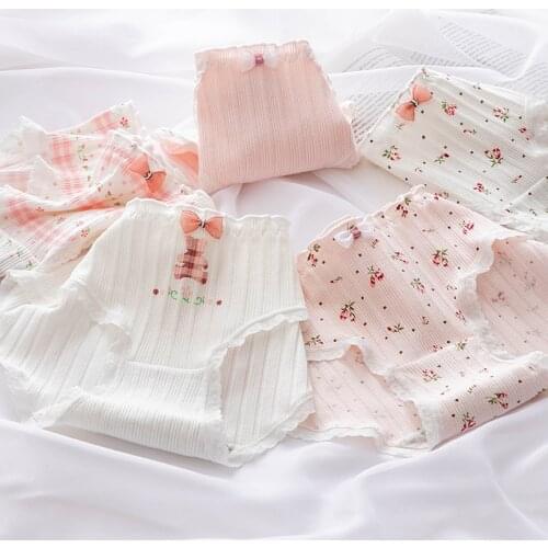 Womens Cotton Underwear Sexy Lace Panties Girl Fashion Thread Bow Briefs Mid Waist Seamless Comfort Underpants Female Lingerie