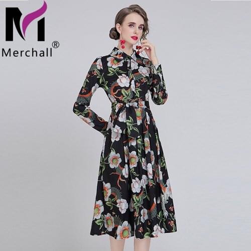High Quality Autumn Vintage Floral Midi Dress OL Womans Shirt Collar Long Sleeve Bow Sashes A Line Party Prom Dress Robe M68659