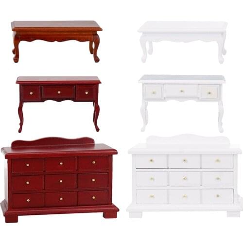 1/12 Dollhouse Miniature Table Chair Cabinet Wooden Furniture Set (Wood Color)