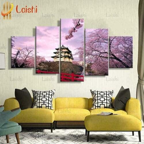5pcs diy Diamond Painting Japanese Tower, Sakura Full Drill Square Cross Stitch Diamond Embroidery Rhinestones Art Handicraft