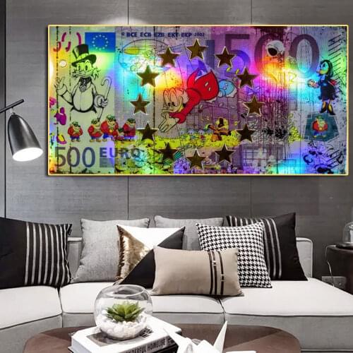 500 EURO Disney Donald Duck Canvas Painting Graffiti Millionaire Money Street Art Posters and Prints for Living Room Home Decor