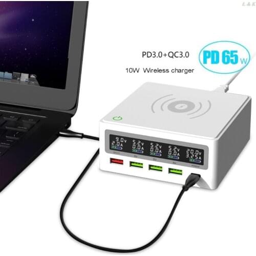 USB C PD 65W Fast Charge Adapter 5-Port QC3.0 USB 10W Wireless Charger Station 667C
