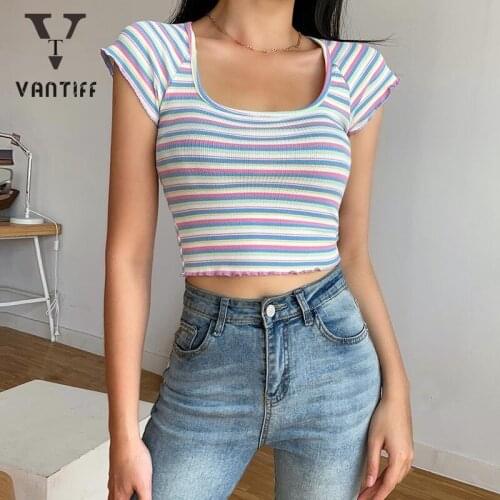 Bodycon Crop Tank Tops Summer Lace Crop Top Shirt Cute Crop Top Color Pit T-shirt Sexy Navel Slim Square Neck Short Sleeve Shirt