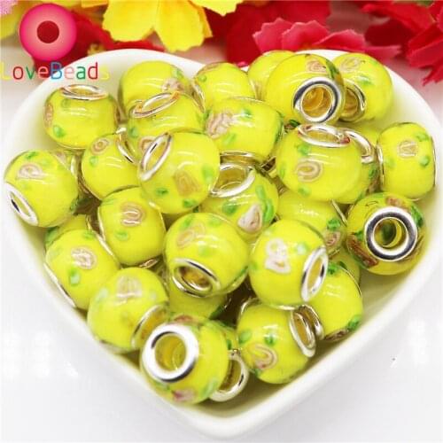 10Pcs Flower Murano Charms Lampwork Glass Big Hole Round Spacer Beads With Silver Plated Fit Pandora Bracelet Jewelry for Women