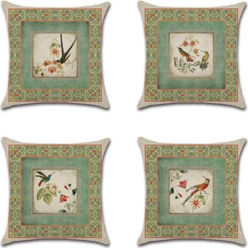 Chinese Style Waist Pillow Case Geometric Flowers Birds Printing Cushion Cover 45*45cm Linen Car Sofa Pillowcase Home Decor