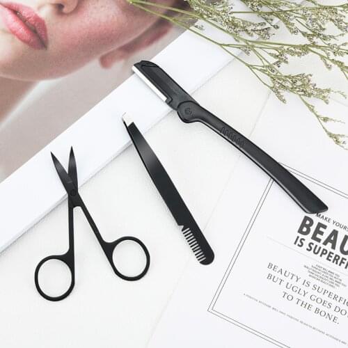 3pcs/Set Black Eyebrow Tweezer Flat Tip Clip Curved Scissors Razor Trimmer Nose Eyelash Hair Removal Stainless Steel Makeup Set