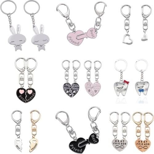 2 Piece Set Metal Heart Key Shape Best Friend Couple Keychain Pendant Bff Friendship Jewelry Keychains Women Cute Accessories