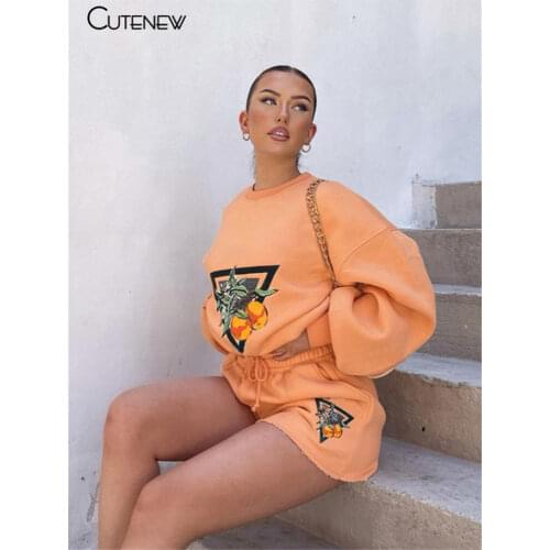 Cutenew Harajuku Pattern Print Two Piece Set Women Outfits Autumn Loose O-Neck Top+Bandage Elastic Sporty Shorts Lady Streetwear