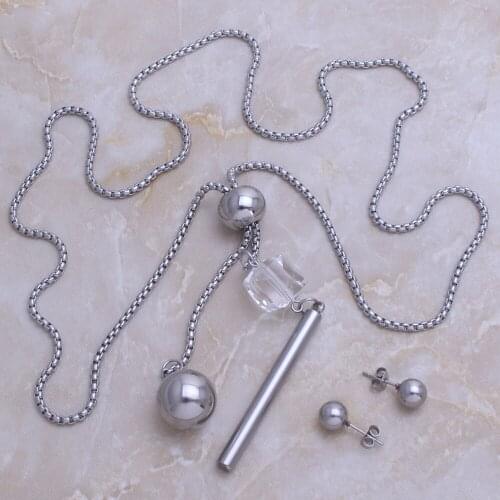 Fashion Jewelry Stainless Steel Round Ball Pendant Long Necklace & Earrings Set For Woman Bijoux En Acier Inoxydable SE112006
