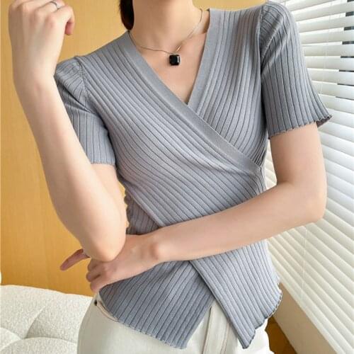 LJSXLS Korean Fashion Sexy V Neck Sweater Women Summer Short Sleeve Tops Slim Short Knitting Pullovers 2021 New Cropped Clothes