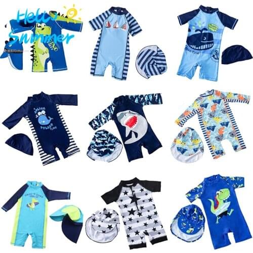 Baby Boy Swimwear One Piece with Hat Childrens Swimsuit with UV Protection Shark Print Swimming Bathing Suit for Kids Boys