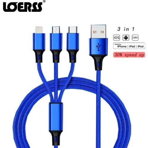 LOERSS 3 In 1 USB C Cable for IPhone 12 Pro 11 XR Charger Cable Micro USB Type C Cable for OnePlus Samsung Xiaomi Accessories