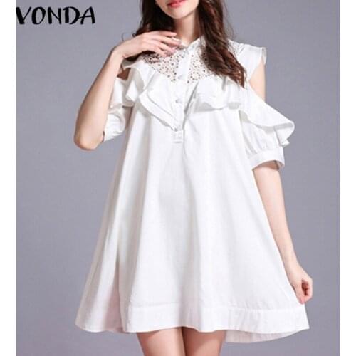 Patchwork Lace Dress 2021 VONDA Women Short Sleeve Sundress Lapel Neck Shirt Dress Crochet Holiday Party Vestidos Robe Femme