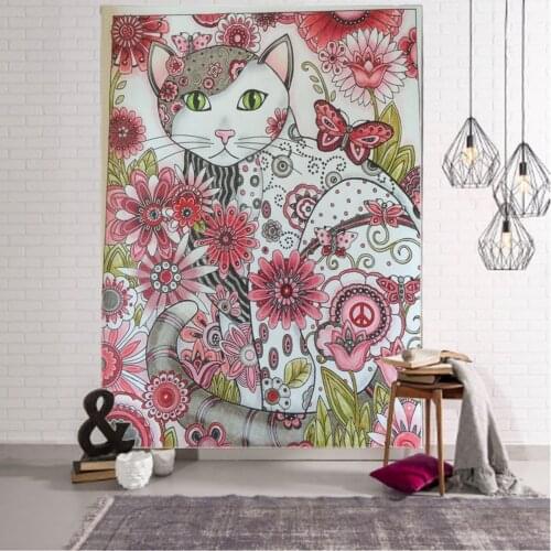 Cute Cat with Flower Tapestry Art Deco Blanket Curtain Hanging Home Bedroom Living Room Decoration