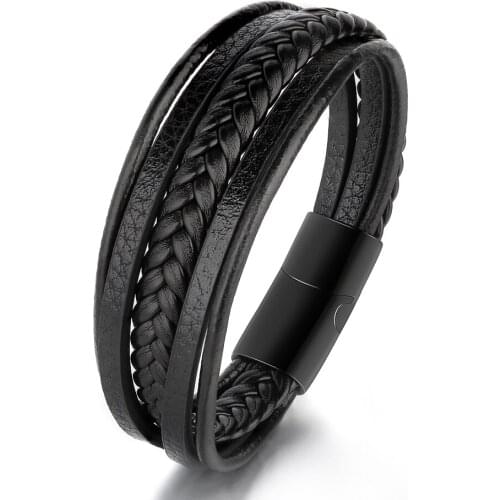Multilayer Leather Bracelet Male Stainless Steel Magnetic Buckle Woven Pu Fashion Four-color Armband Jewelry Wholesale