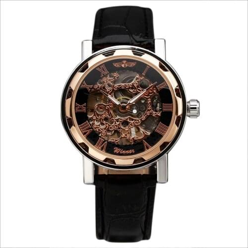 2016 New Fashion Top Brand Winner Rose Gold Skeleton Classic Flower Face Leather Strap Hand Wind Mechanical Wrist Watch