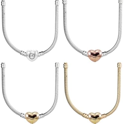 Original Smooth Love Heart Clasp Snake Chain Necklace For 925 Sterling Silver Bead Charm Necklace Europe DIY Jewelry
