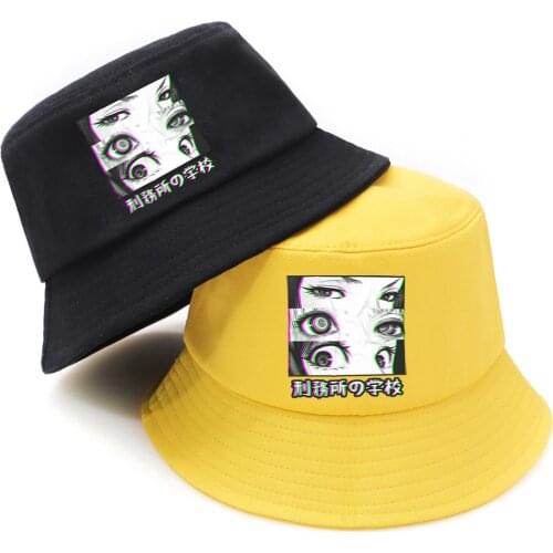Japan Anime Prison School Eyes Sad Print Panama Bucket Hats Fashion Adult Sunscreen Fisherman Caps 2020 Man Woman Foldable Hats