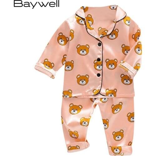 Baywell Kids Pajama Sets Silk Satin Pajamas Boys Girls Clothing Sets Pyjamas Short/Long Sleeve Blouse Tops+Shorts Sleepwears