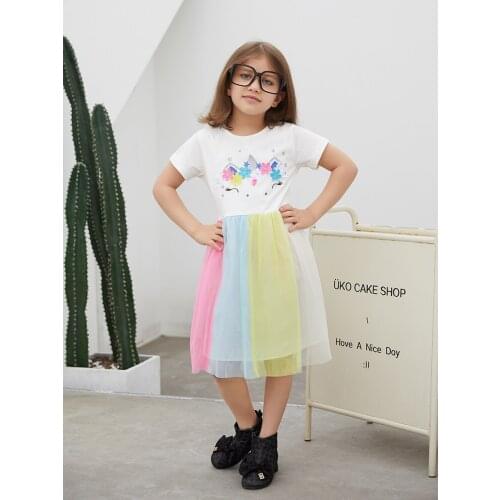 Unicorn Dress Little Girl Dress Summer for White Cartoon Mesh Cotton Rainbow Kid Clothes Princess Dresses