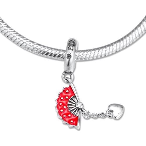Fits for Pandora Charms Bracelets Spanish Fan Dangle Beads 100% 925 Sterling-Silver-Jewelry with Red Enamel Free Shipping