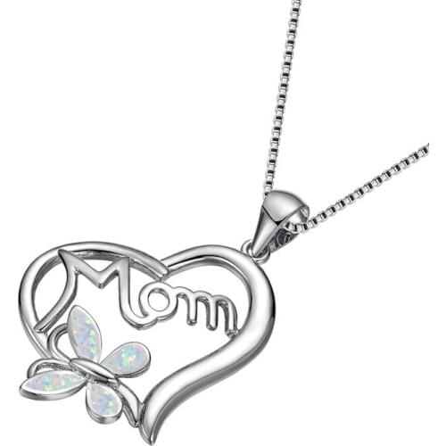 Cute Butterfly White Blue Opal Pendant Mom Necklace Rose Gold Silver Color Chain Necklaces For Women Mothers Day Heart Necklace