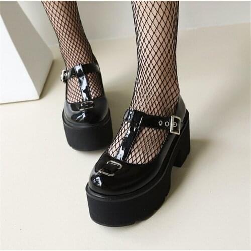 PXELENA Punk Rock Gothic T-Tied Shoes Women Chunky High Heels Patent Leather Cosplay Pumps Japanese JK Plus Size 34-43 Spring LO