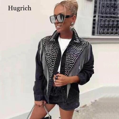 Rivet Metal Tassel Women Denim Jacket Jeans Coat Turn Down Collar Button Female Jackets 2020 Autumn Streetwear Ladies Coats