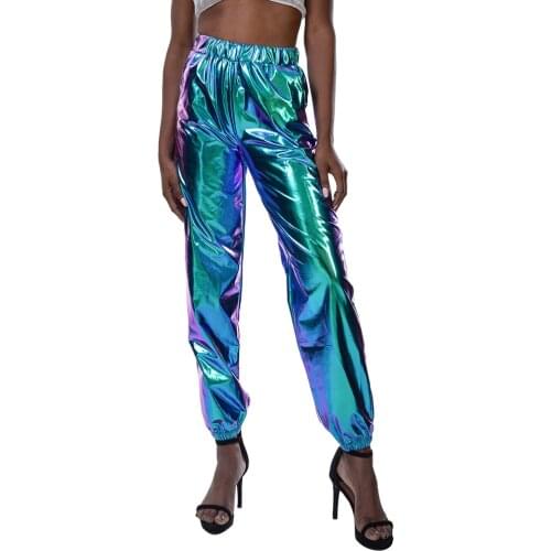 Hip Hop Women Holographic Pants Night Club Elastic High Waist Long Trousers Women Joggers Streetwear Dance Track Pants All-match