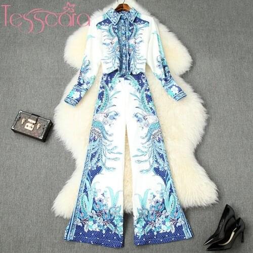 TESSCARA Women Runway Designer Vintage Print Pant Suit Set High Quality Elegant Cocktail Party Two-piece Suits Blue Pant Sets