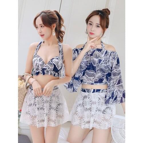 Korean Version of Ins Conservative Swimsuit Womens Small Fresh Split Skirt-style Steel Plate Gathered Sexy Bikini Three-piece