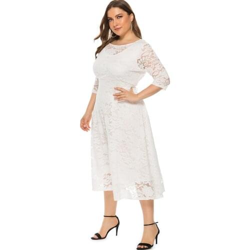 Vintage Elegant Lace Banquet Party Dress 2021 New Summer Sexy Hollow Out 3/4 Sleeve Pocket Black Mesh Dresses Plus Size 5XL 6XL